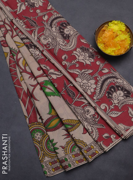 Kalamkari cotton saree beige and maroon with allover prints and printed border