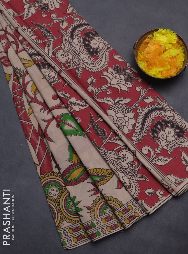 Kalamkari cotton saree beige and maroon with allover prints and printed border
