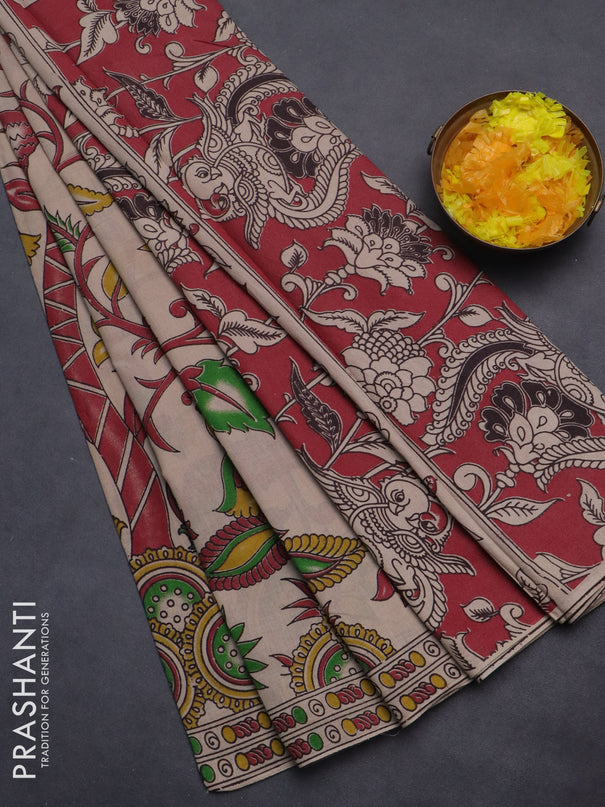 Kalamkari cotton saree beige and maroon with allover prints and printed border