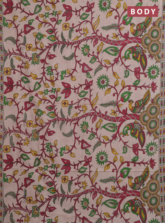 Kalamkari cotton saree beige and maroon with allover prints and printed border