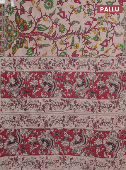 Kalamkari cotton saree beige and maroon with allover prints and printed border