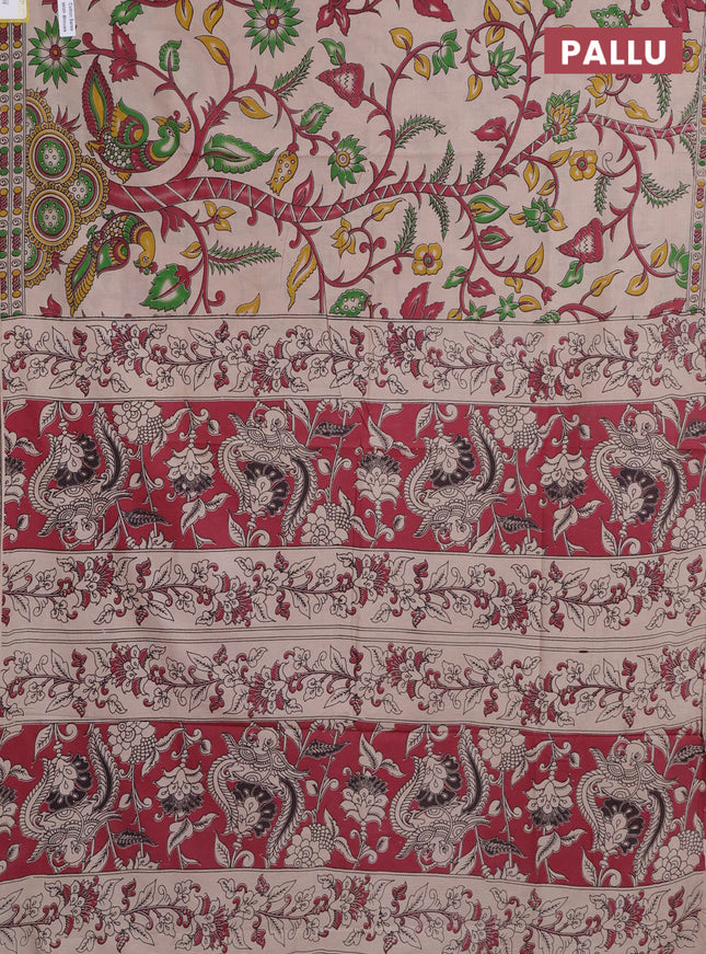 Kalamkari cotton saree beige and maroon with allover prints and printed border