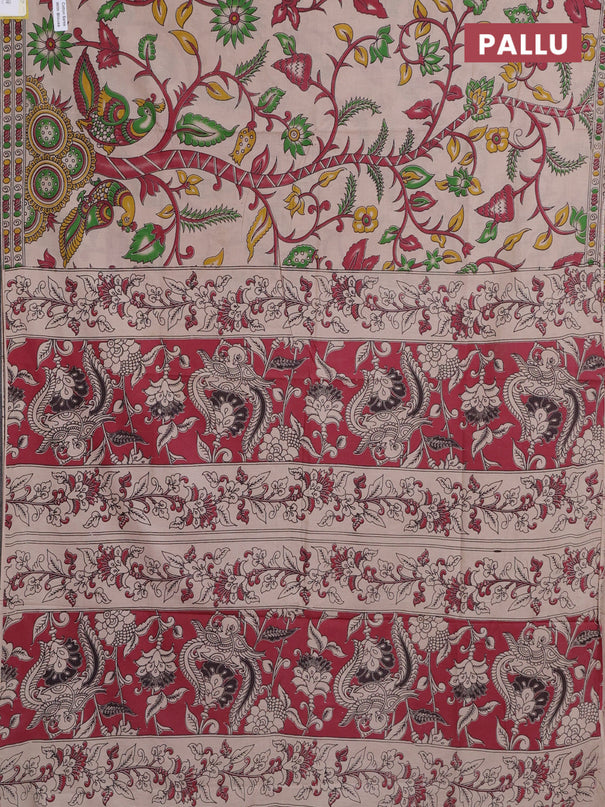 Kalamkari cotton saree beige and maroon with allover prints and printed border