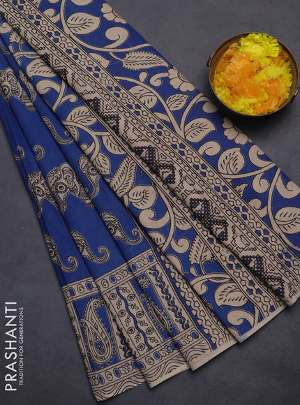 Kalamkari cotton saree blue and beige with elephant butta prints and printed border