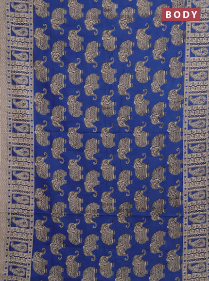 Kalamkari cotton saree blue and beige with elephant butta prints and printed border