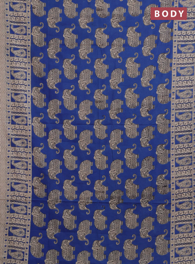 Kalamkari cotton saree blue and beige with elephant butta prints and printed border