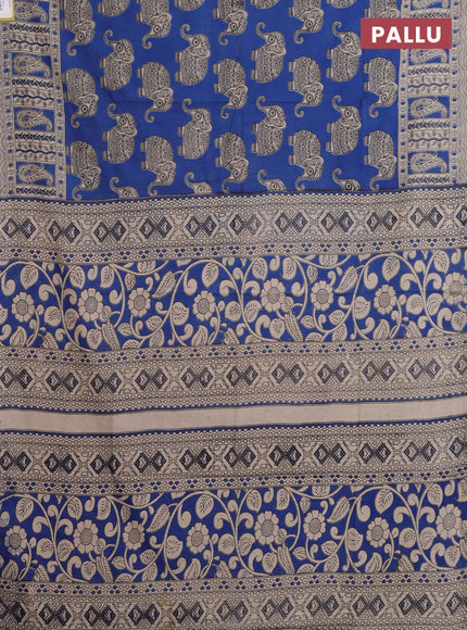 Kalamkari cotton saree blue and beige with elephant butta prints and printed border