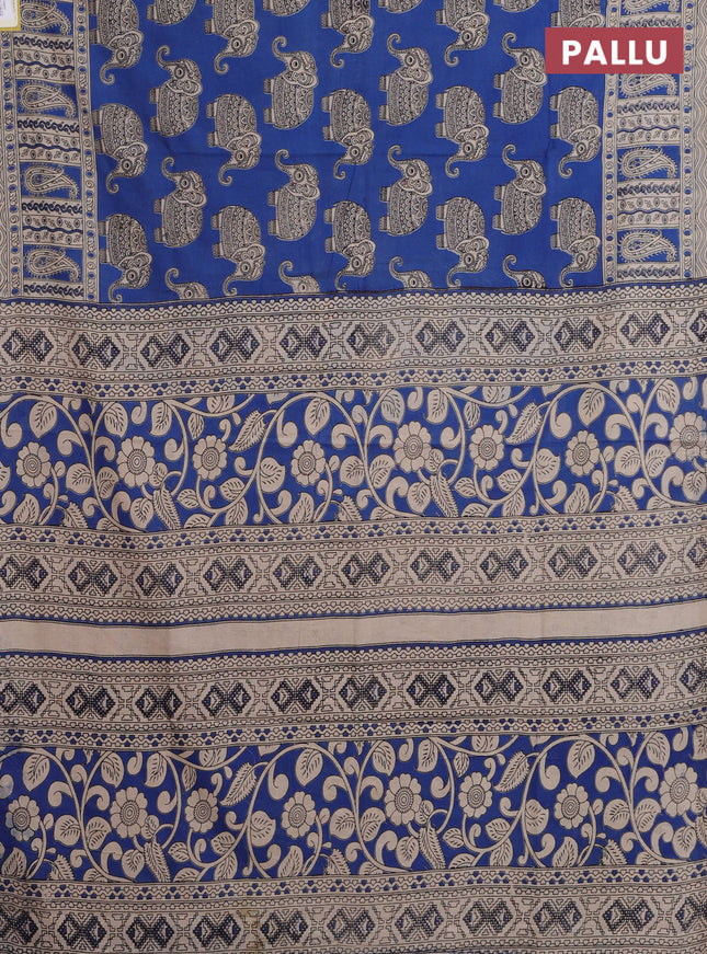 Kalamkari cotton saree blue and beige with elephant butta prints and printed border