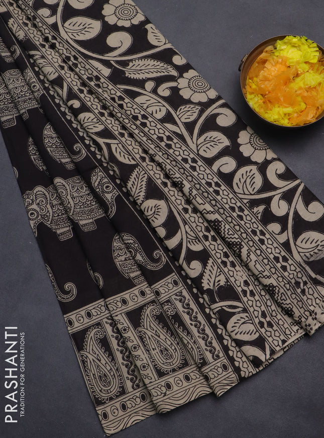 Kalamkari cotton saree black and beige with elephant butta prints and printed border