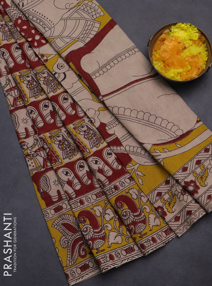 Kalamkari cotton saree maroon and yellow with allover prints and printed border