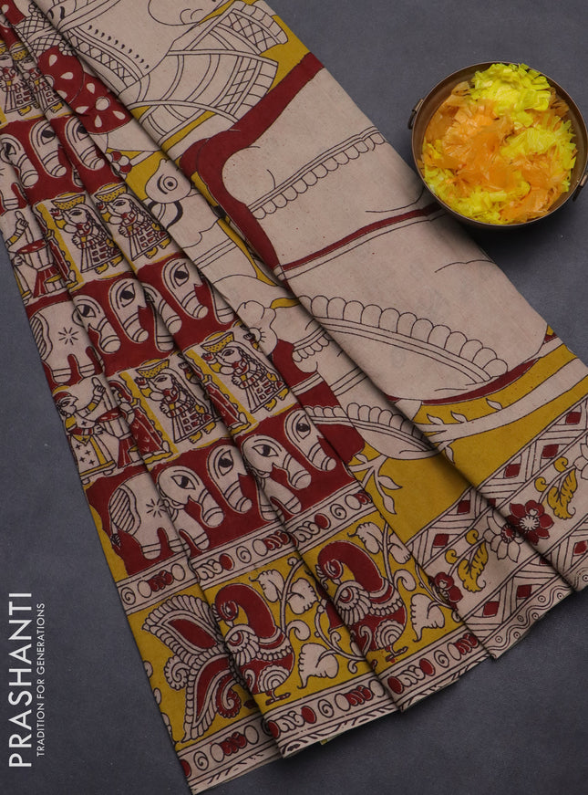 Kalamkari cotton saree maroon and yellow with allover prints and printed border