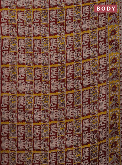 Kalamkari cotton saree maroon and yellow with allover prints and printed border
