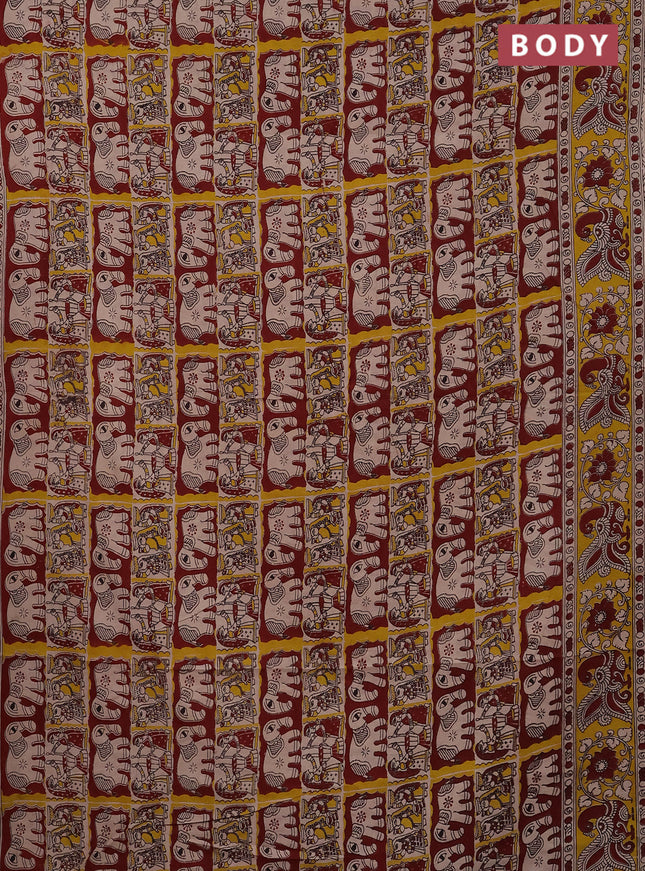 Kalamkari cotton saree maroon and yellow with allover prints and printed border