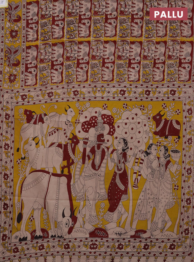 Kalamkari cotton saree maroon and yellow with allover prints and printed border