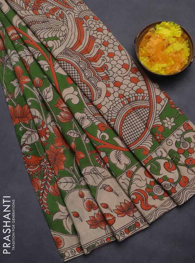 Kalamkari cotton saree sap green and beige with allover prints and printed border