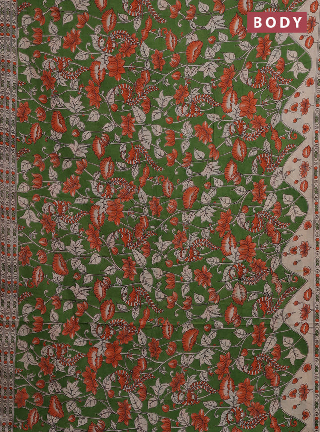 Kalamkari cotton saree sap green and beige with allover prints and printed border
