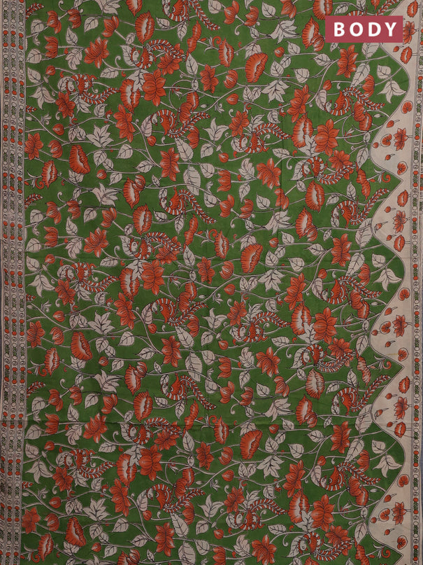 Kalamkari cotton saree sap green and beige with allover prints and printed border