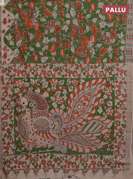 Kalamkari cotton saree sap green and beige with allover prints and printed border
