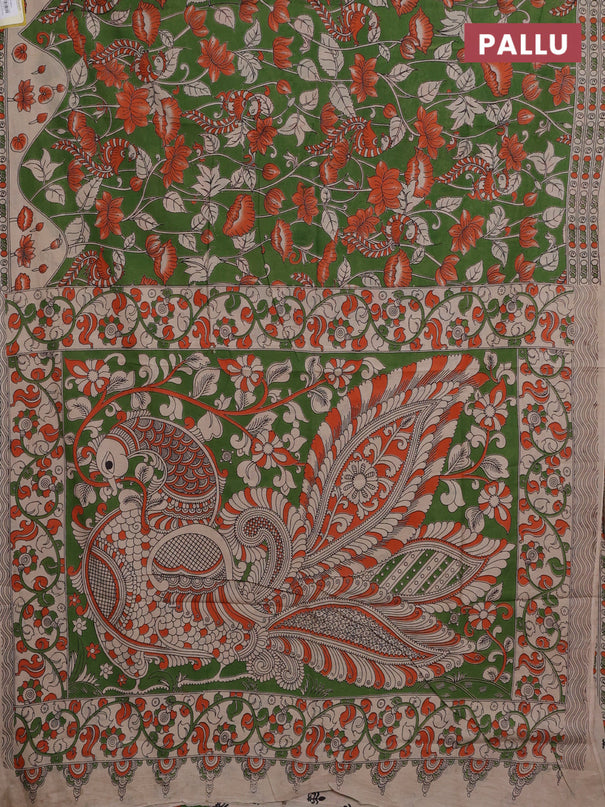 Kalamkari cotton saree sap green and beige with allover prints and printed border