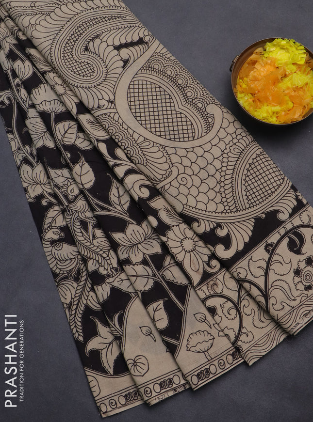 Kalamkari cotton saree black and beige with allover prints and printed border