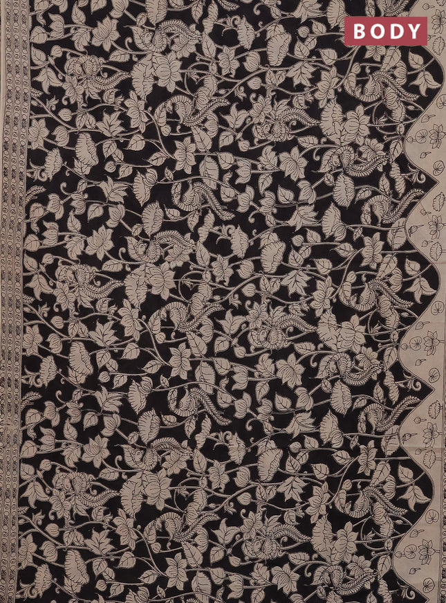 Kalamkari cotton saree black and beige with allover prints and printed border