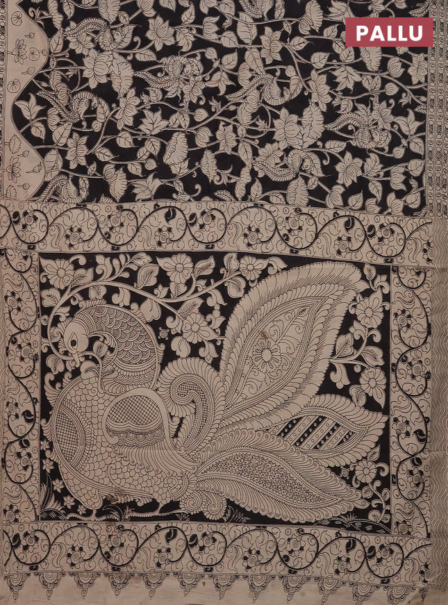 Kalamkari cotton saree black and beige with allover prints and printed border