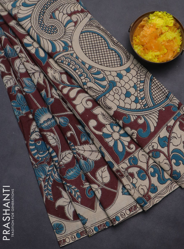 Kalamkari cotton saree deep maroon and beige with allover prints and printed border