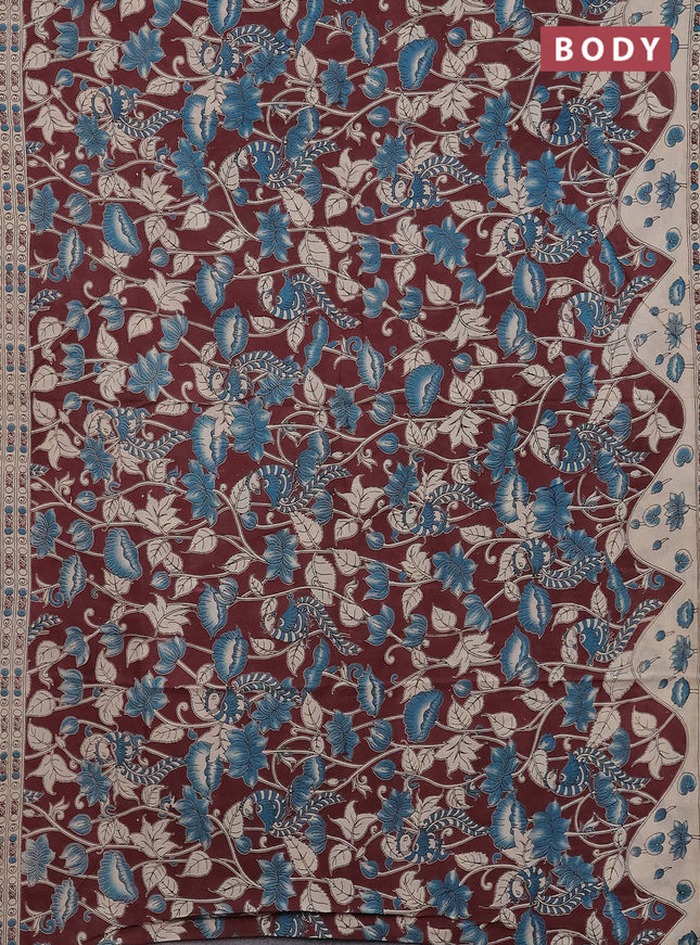 Kalamkari cotton saree deep maroon and beige with allover prints and printed border