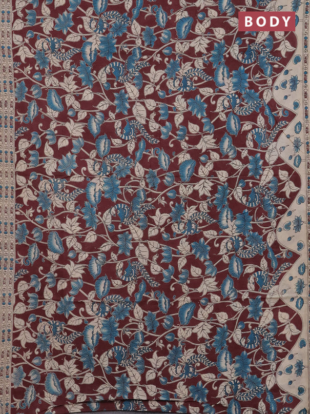 Kalamkari cotton saree deep maroon and beige with allover prints and printed border