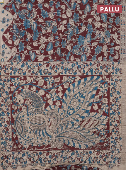 Kalamkari cotton saree deep maroon and beige with allover prints and printed border