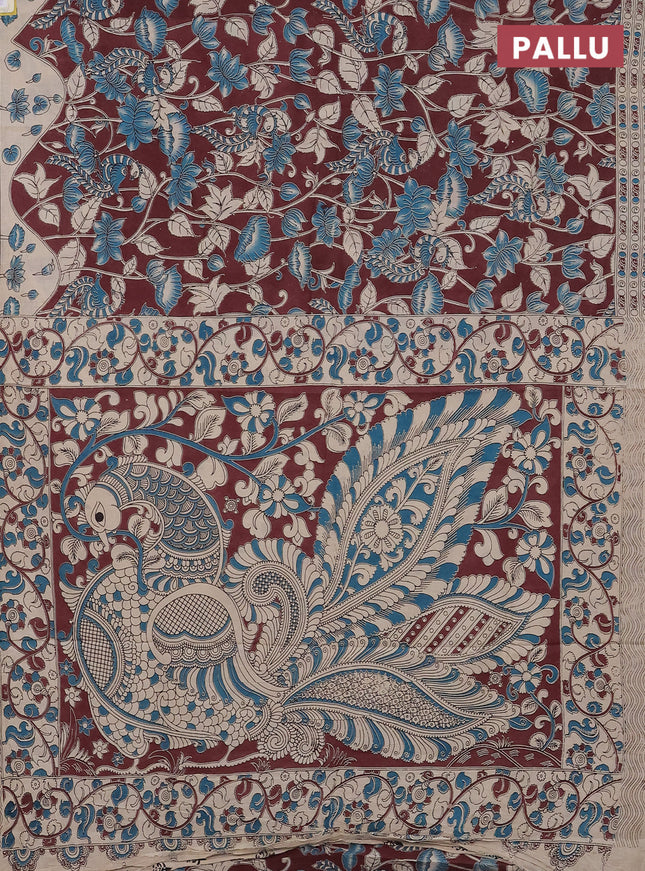 Kalamkari cotton saree deep maroon and beige with allover prints and printed border
