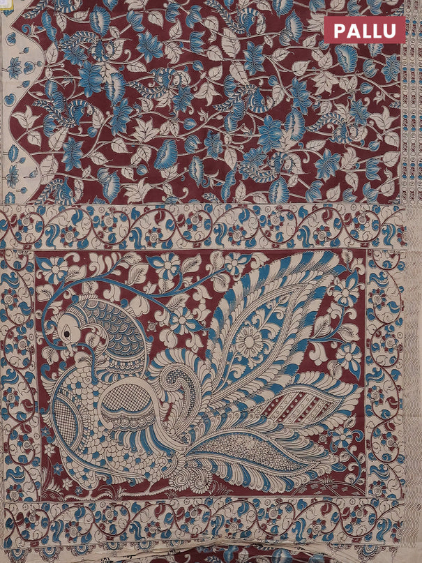 Kalamkari cotton saree deep maroon and beige with allover prints and printed border