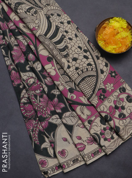 Kalamkari cotton saree grey and beige with allover prints and printed border