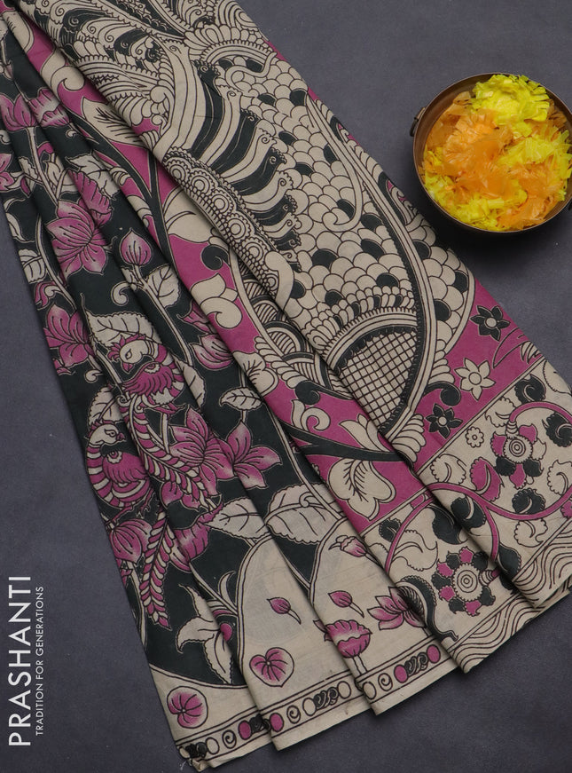 Kalamkari cotton saree grey and beige with allover prints and printed border