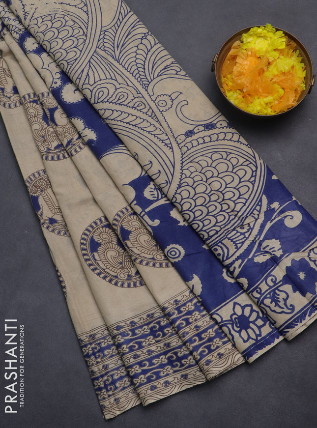Kalamkari cotton saree beige and blue with annam butta prints and printed border