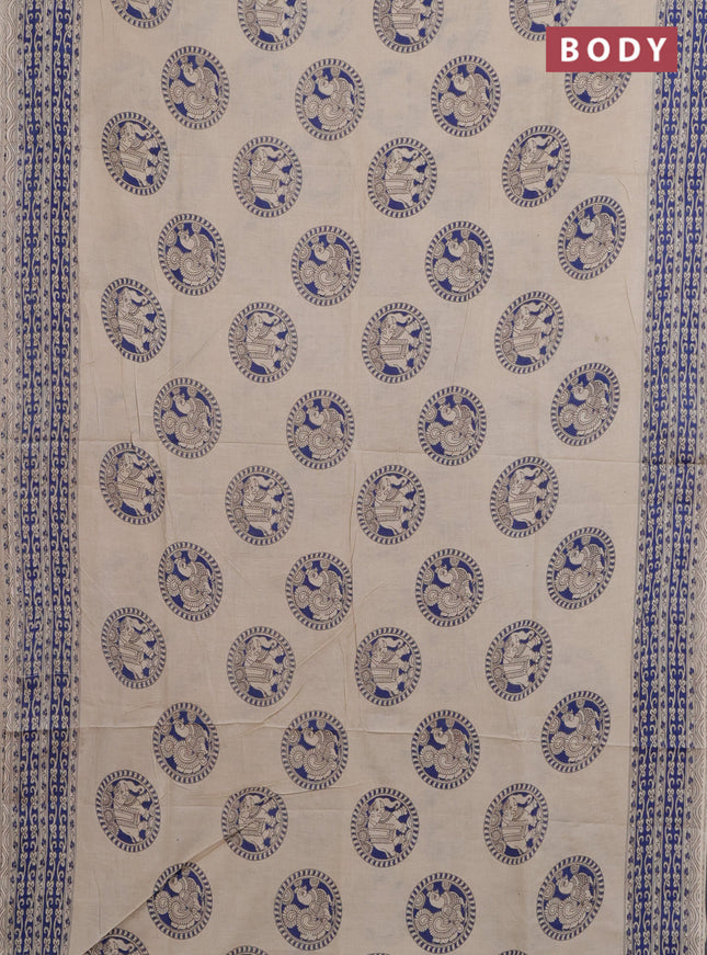 Kalamkari cotton saree beige and blue with annam butta prints and printed border