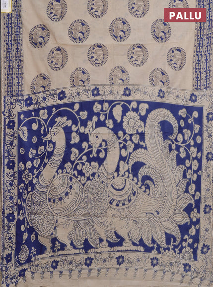 Kalamkari cotton saree beige and blue with annam butta prints and printed border