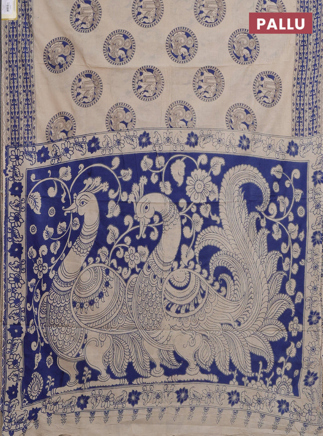 Kalamkari cotton saree beige and blue with annam butta prints and printed border