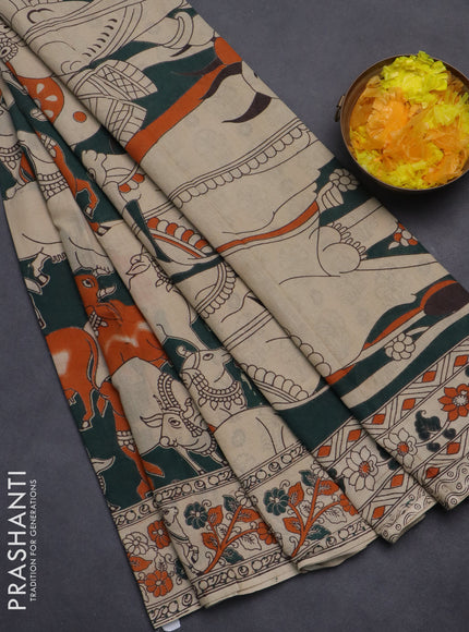 Kalamkari cotton saree bottle green and beige with allover pichwai prints and printed border