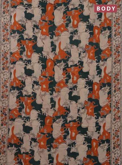 Kalamkari cotton saree bottle green and beige with allover pichwai prints and printed border