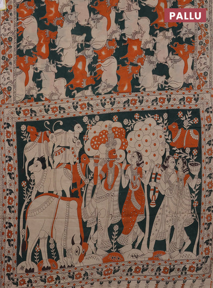 Kalamkari cotton saree bottle green and beige with allover pichwai prints and printed border