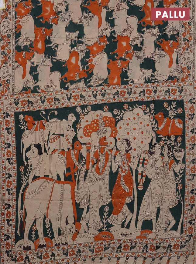 Kalamkari cotton saree bottle green and beige with allover pichwai prints and printed border