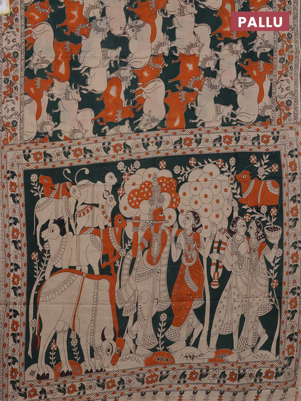 Kalamkari cotton saree bottle green and beige with allover pichwai prints and printed border