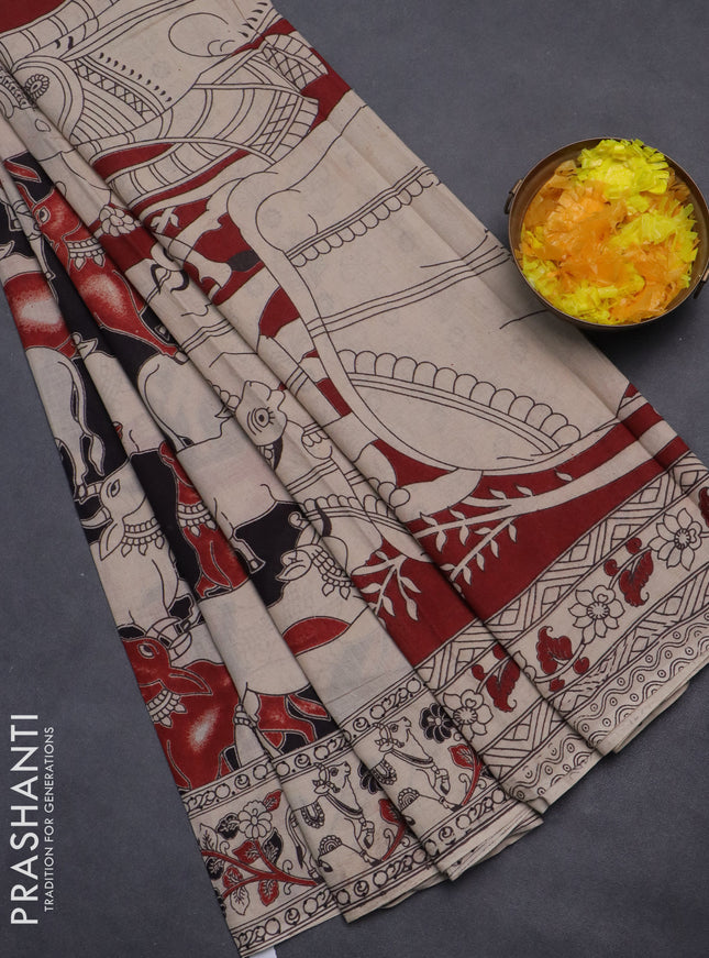 Kalamkari cotton saree black and beige with allover pichwai prints and printed border