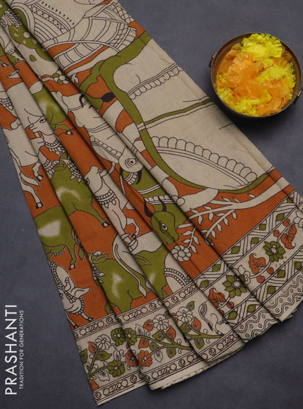 Kalamkari cotton saree orange and beige with allover pichwai prints and printed border