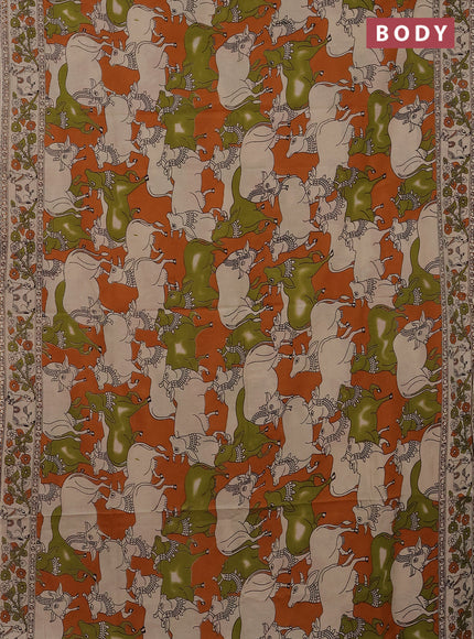 Kalamkari cotton saree orange and beige with allover pichwai prints and printed border