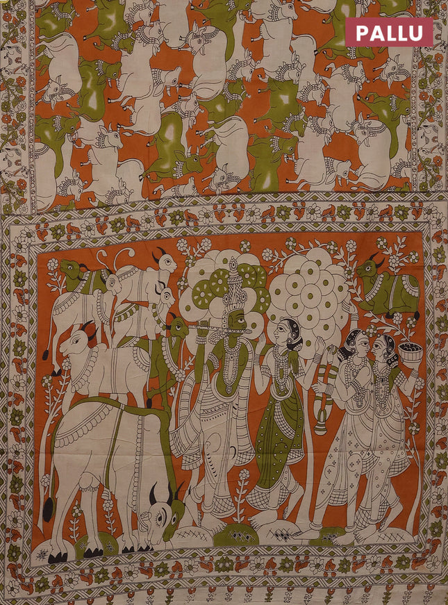 Kalamkari cotton saree orange and beige with allover pichwai prints and printed border