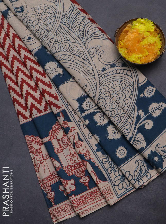 Kalamkari cotton saree beige red and peacock blue with zig zag prints and printed border