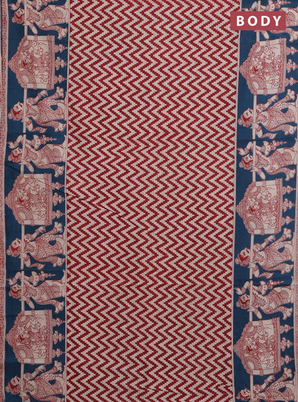 Kalamkari cotton saree beige red and peacock blue with zig zag prints and printed border