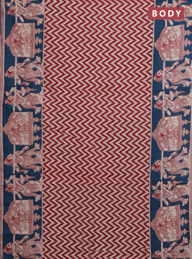 Kalamkari cotton saree beige red and peacock blue with zig zag prints and printed border